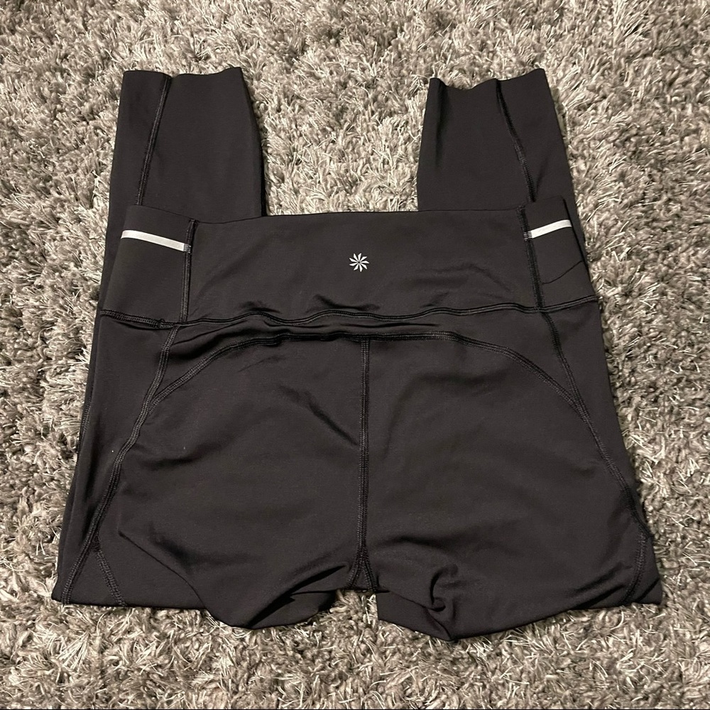 Athleta Black Sonic Capri Leggings size M High Rise Raw Hem Reflective - Picture 8 of 8